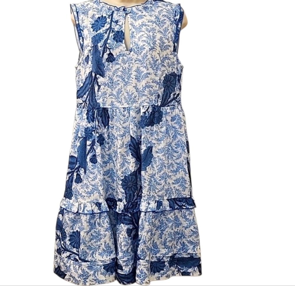 Purotatto Floral Blue and White Sleeveless Dress 100% Lino-flax Sz Meduim